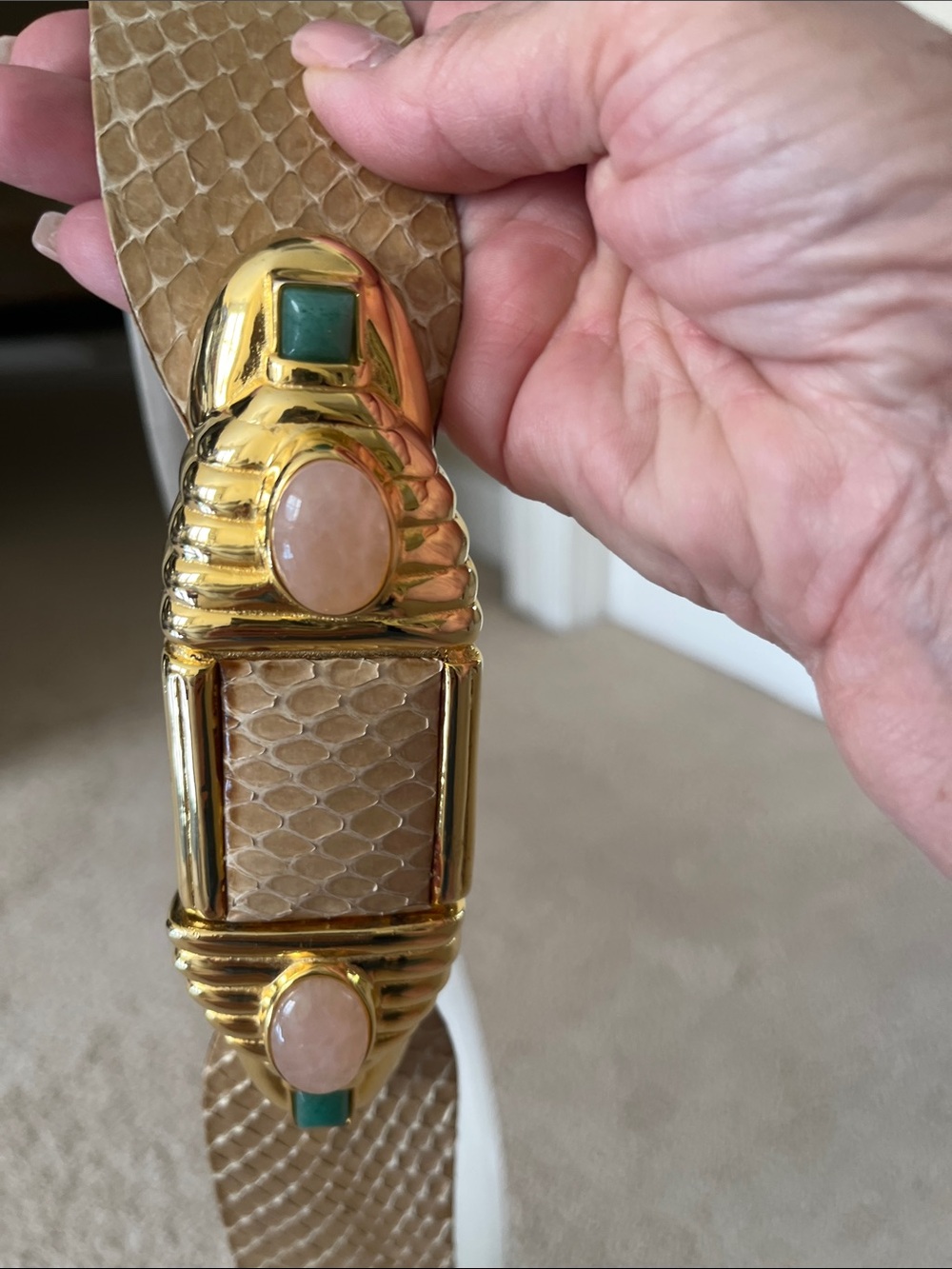 Judith Leiber Cream Leather Signature Belt with Gold Script